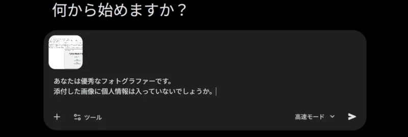 Geminiの入力画面。画像に個人情報が含まれていないか確認するプロンプトのキャプチャ画像