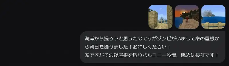 マイクラの屋根上からの景色を報告するユーザーのチャット画面