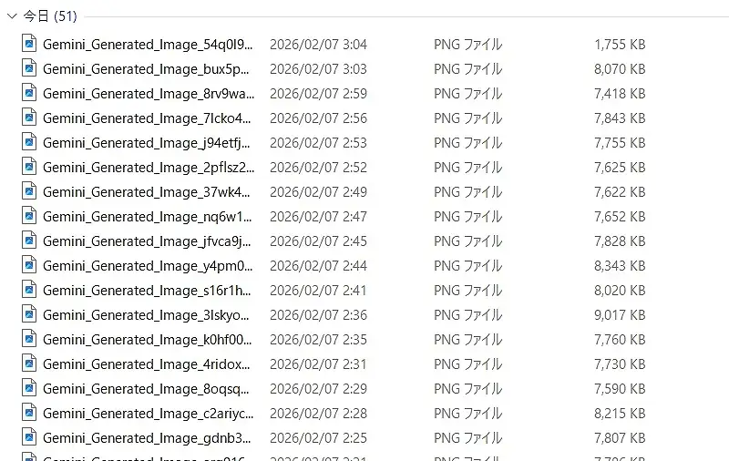 生成日時とファイルサイズを含む画像ファイルの詳細リスト（「結果は51枚」）のキャプチャ画像