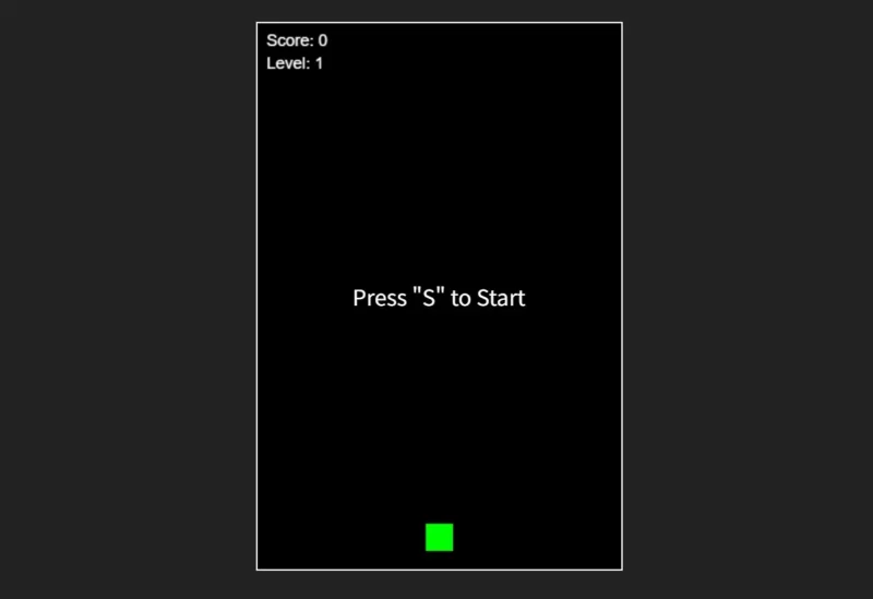 飛来物回避ゲームのスタート前の画像のスクリーンショット。
