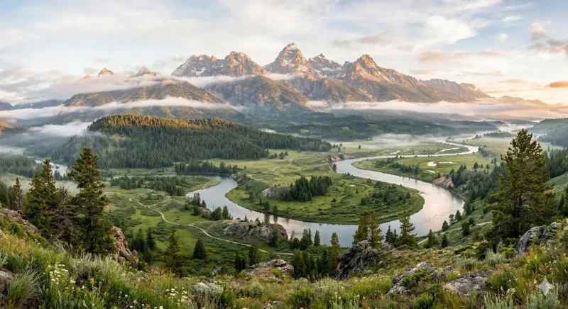 朝霧が立ち込める、雄大な山脈と広大な谷を流れる清流。朝日を浴びた緑豊かな森が広がり、遠くまで続くパノラマ。というプロンプトで出したAI生成画像
