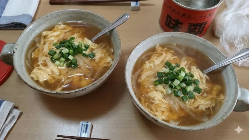 玉ねぎ、卵、ネギ、味覇を使ったレレシピをAIが考えて完成形に仕上げたAI生成画像