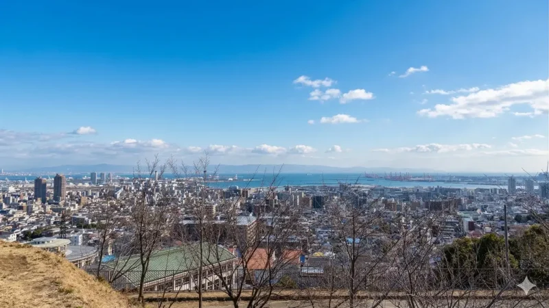 高台から見下ろした曇りの街並みを、AIにより晴天にして柵を無くした加工AI生成画像