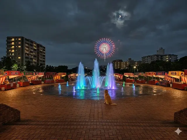阪神競馬場のセントウルガーデン（噴水広場）の画像を10箇所一度に加工生成できるか検証したAI生成画像