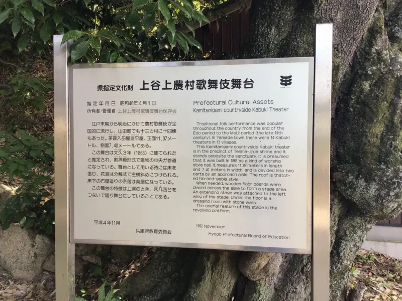 兵庫県指定文化財「上谷上農村歌舞伎舞台」の解説板の写真。江戸時代末期から明治にかけての歴史や舞台の構造が日本語と英語で記載されている。