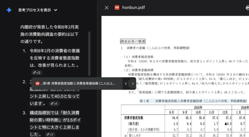 消費動向調査の要約テキストと、その参照元であるPDF資料を左右に並べて表示した画面。