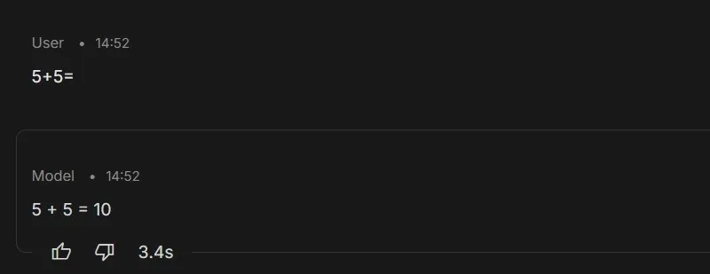 チャット画面。「5+5=」という問いに対し、AIが「5 + 5 = 10」と応答時間3.4秒の表示のキャプチャ画像