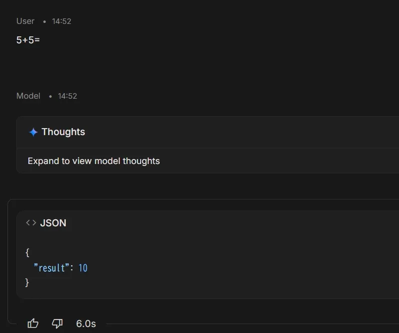 チャット画面。AIの思考（Thoughts）と、JSON形式で「result: 10」と出力された構造化データで10と回答、応答時間6.0秒表示のキャプチャ画像