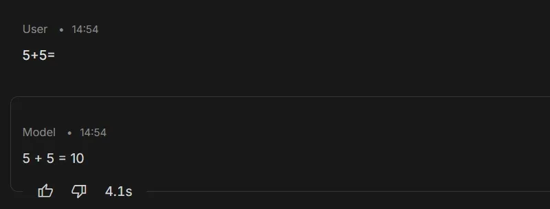 チャット画面。「5+5=」への回答「5 + 5 = 10」と、応答時間4.1秒の表示のキャプチャ画像