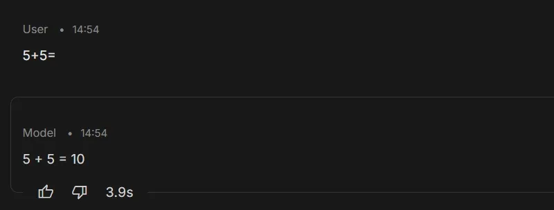 チャット画面。「5+5=」への回答「5 + 5 = 10」と、応答時間3.9秒の表示のキャプチャ画像