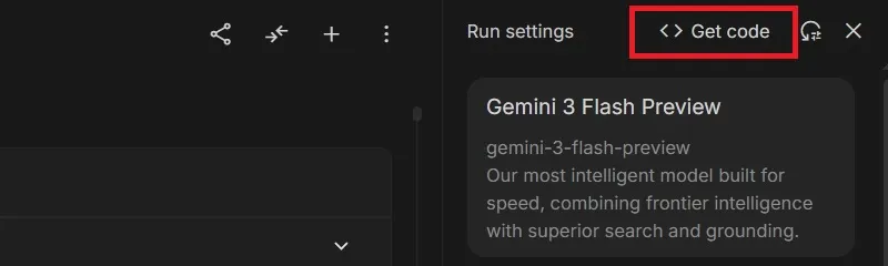 Google AI Studio画面：「Get code」ボタンの赤枠強調と、選択中のGemini 3 Flash Previewモデルのキャプチャ画像