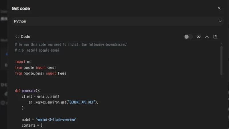 Pythonコード表示：Google GenAI SDKを使用してGemini 3 Flash Previewを呼び出すためのソースコードのキャプチャ画像