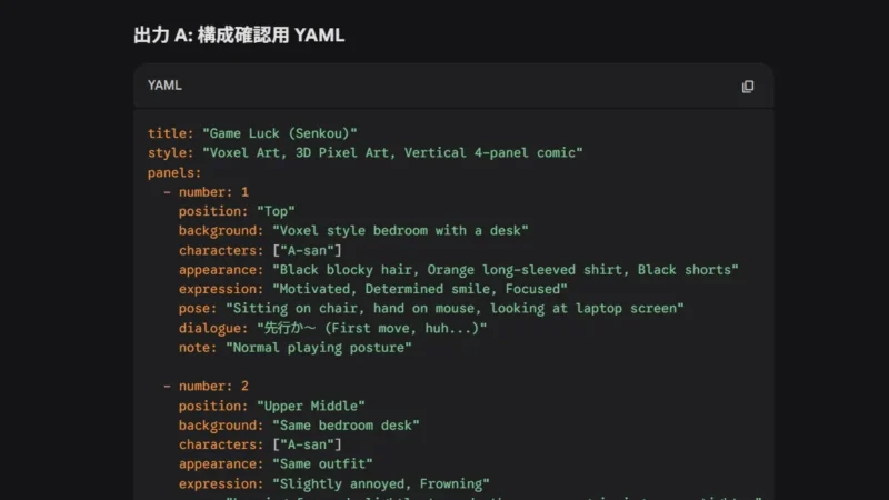 漫画の構成（タイトル、スタイル、各コマの詳細）が記述されたYAMLデータのキャプチャ画像