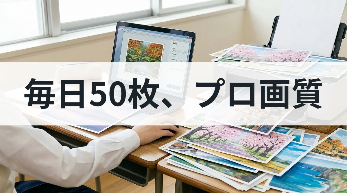 教室の机で、パソコンと大量の印刷写真が並んでいる様子を背景に、『毎日50枚、プロ画質』という文字が書かれたサムネイル画像