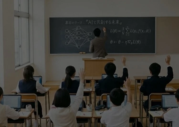 教室で挙手をする人々の背景に、『私にもAI使える？』から『AIって便利！』へ変わる場所、というメッセージが書かれたスマホ用メインビジュアル