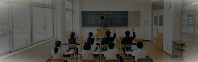教室で挙手をする人々の背景に、『私にもAI使える？』から『AIって便利！』へ変わる場所、というメッセージが書かれたメインビジュアル