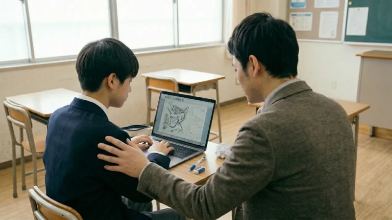 教室でパソコンを操作する学生と、その肩に手を添えて優しく見守る講師の様子